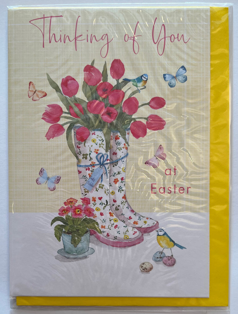 Ditsy Boots/Tulips Easter Card - Thinking of you